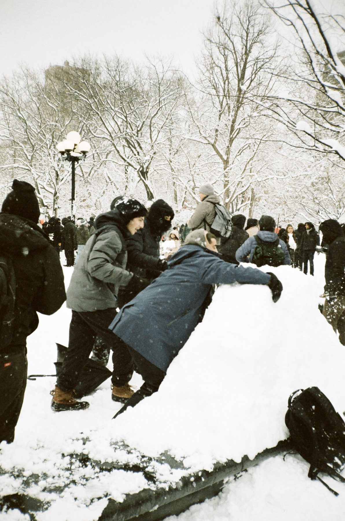 Friends building a snow mound in a crowded park during a snowstorm