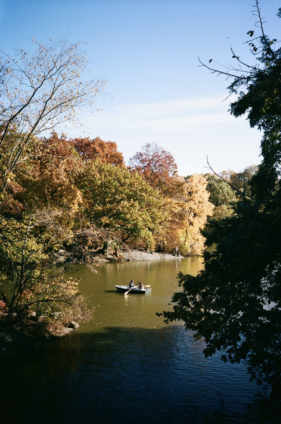 A rowboat on the lake in autumn, framed by gold and red trees