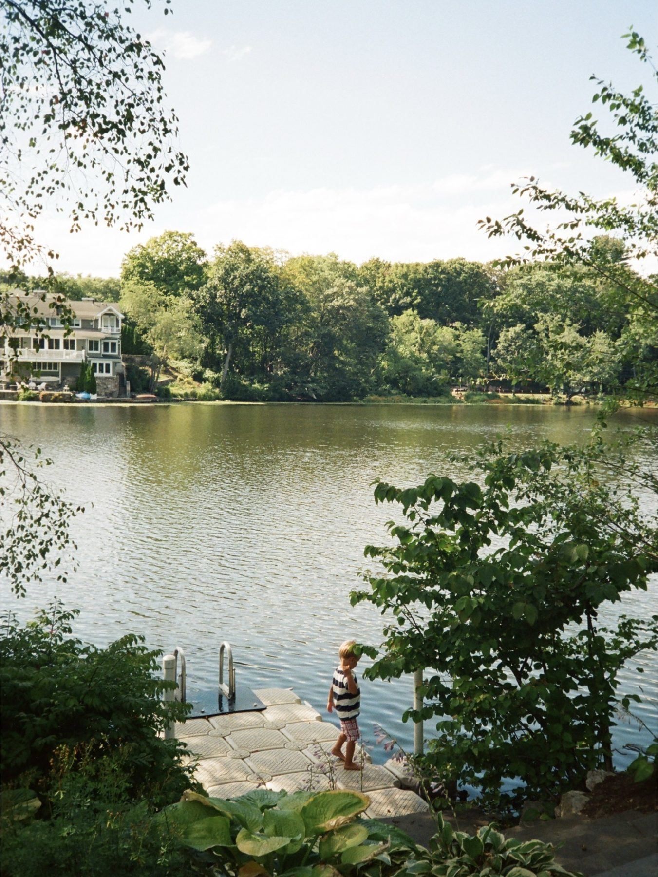 A small boy in a striped shirt on a lake dock, seen through leaves
