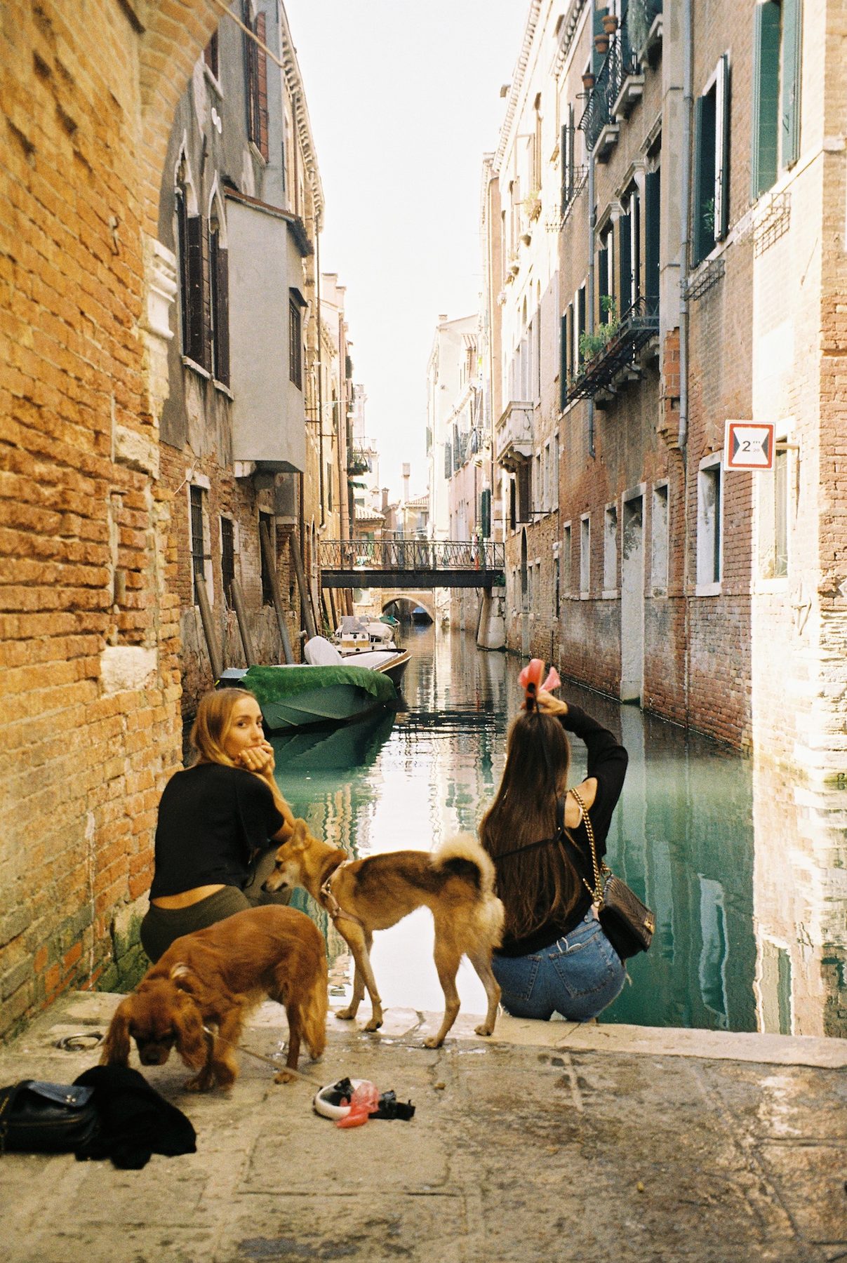 Two women and their dogs resting at the edge of a quiet Venetian canal, one glancing back