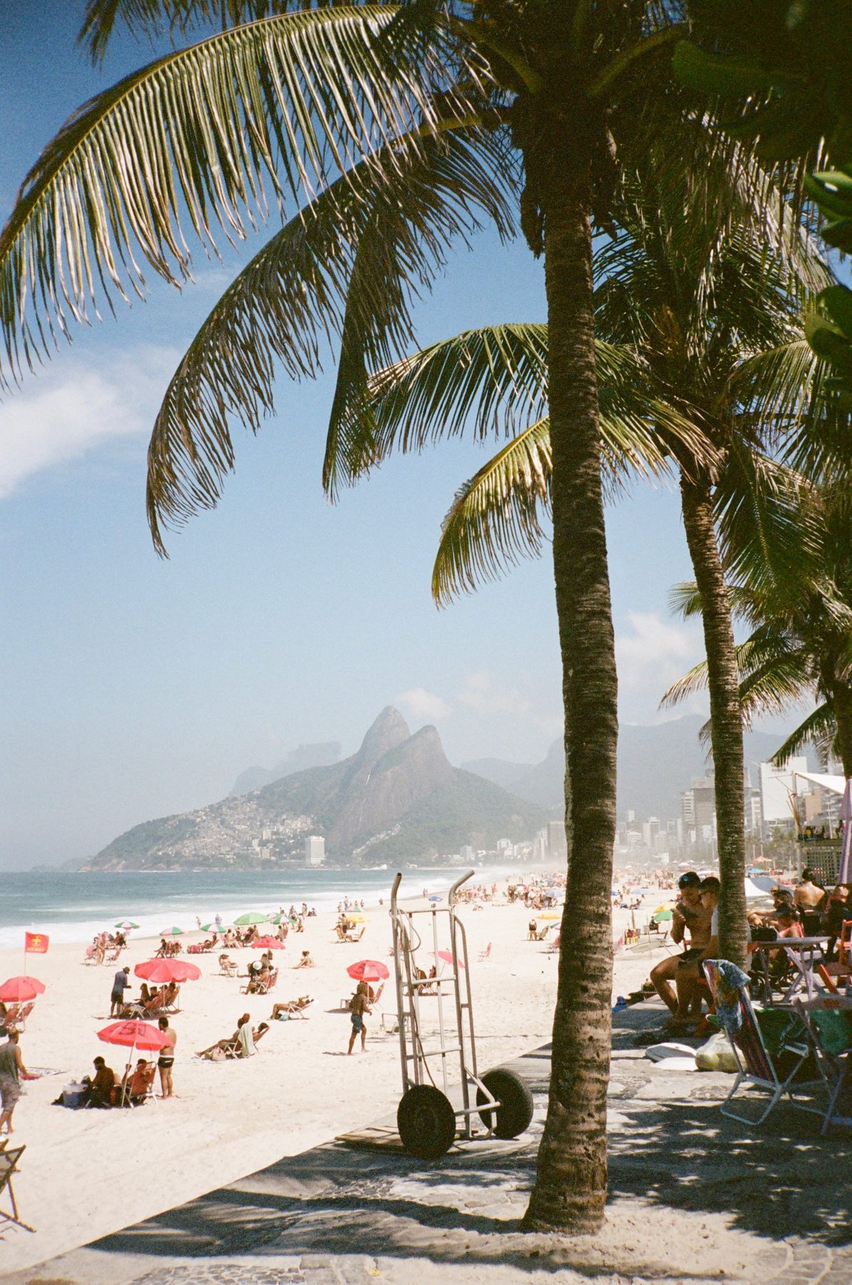Palm trees over the Ipanema promenade and a parked hand cart