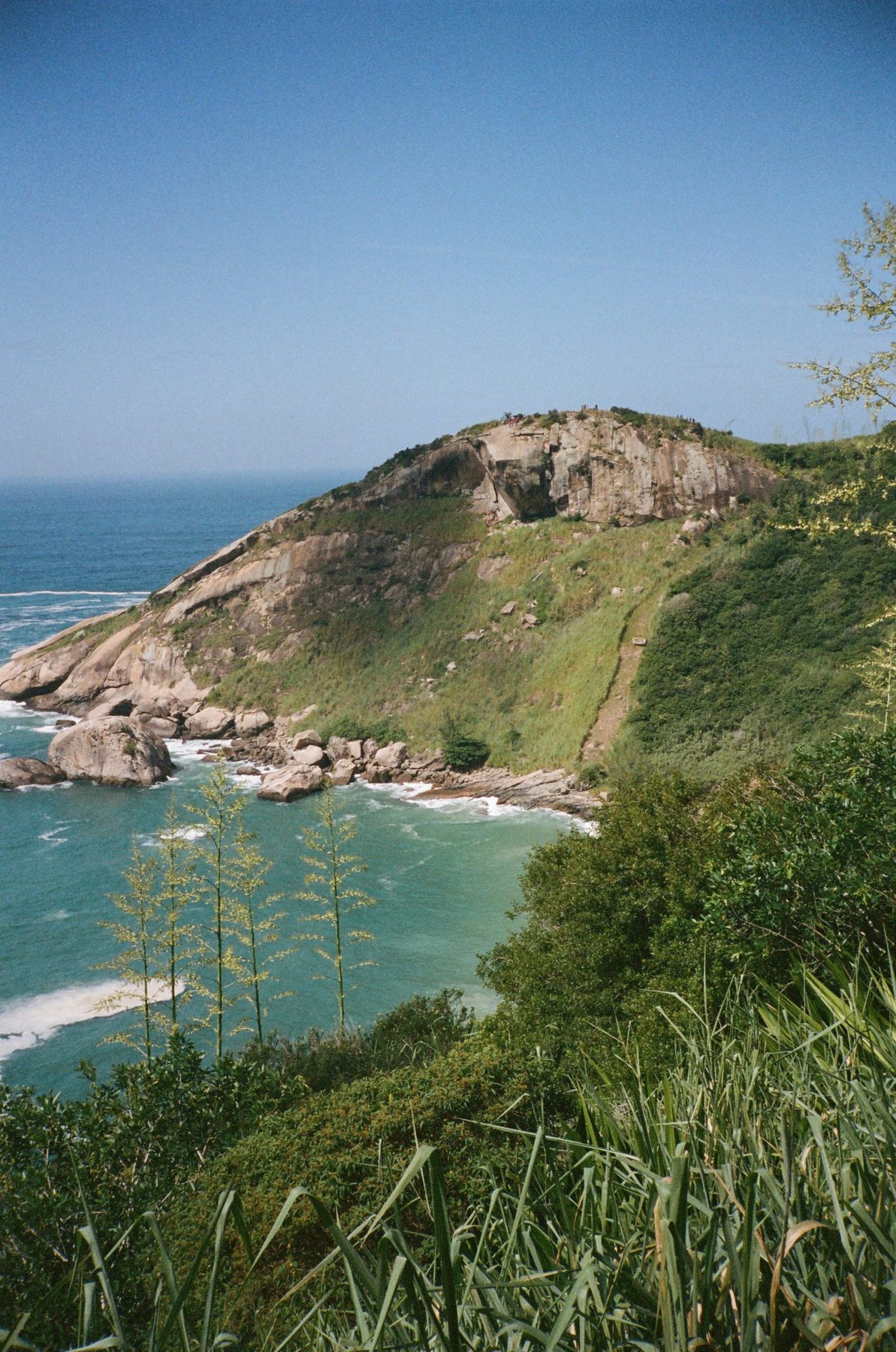 A green headland and granite boulders above a turquoise cove