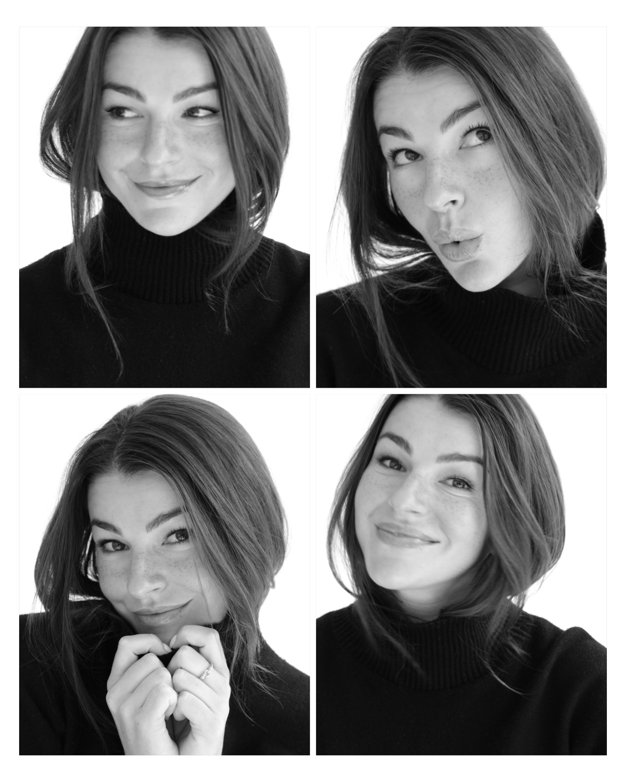 Four black and white portraits of Charlotte Del in a black turtleneck