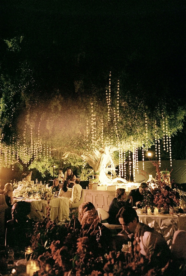 Wedding guests dining at night beneath a tree hung with strands of glowing lights